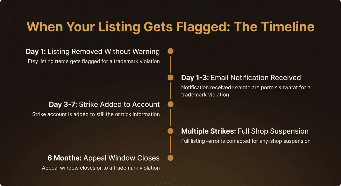 Timeline showing the four stages of an Etsy trademark violation: Listing Removal (immediate), Notification Email (within 24 hours), Account Strike (simultaneous), and Shop Suspension (after 2-3 strikes)