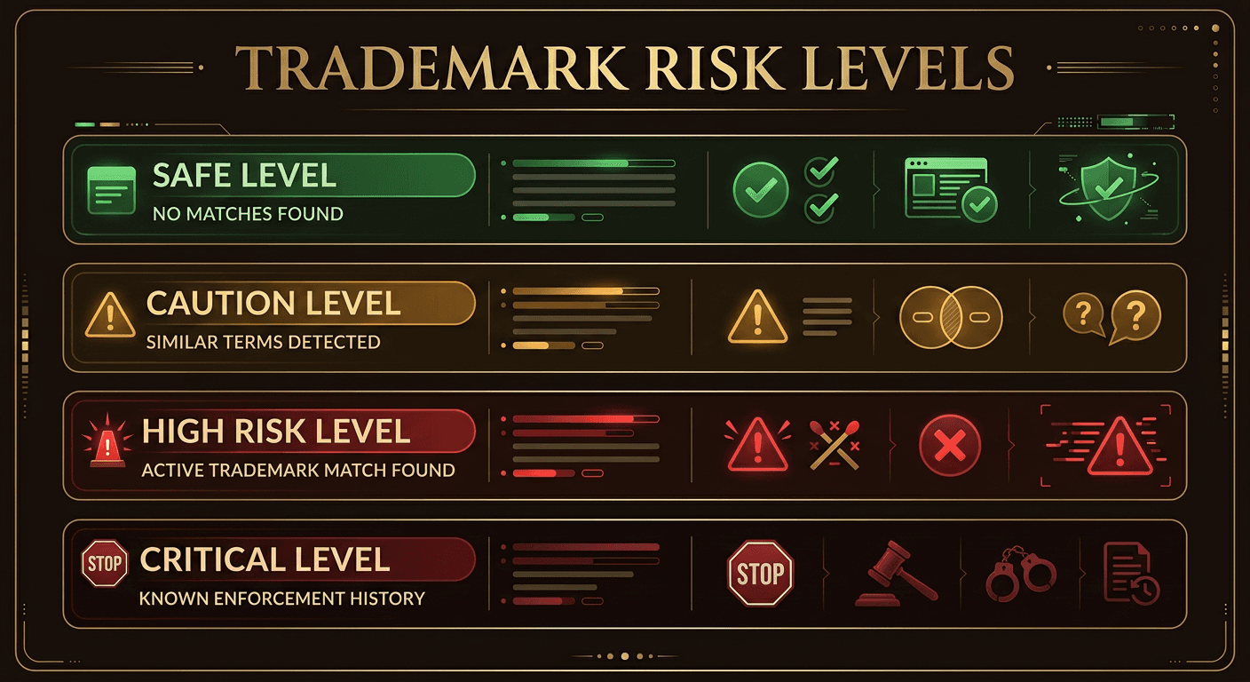 Four risk levels: SAFE (green) no trademark issues found, CAUTION (amber) potential generic trademark or weak mark, HIGH RISK (red) registered trademark with known enforcement, DMCA (dark red) active enforcement history with recent takedowns