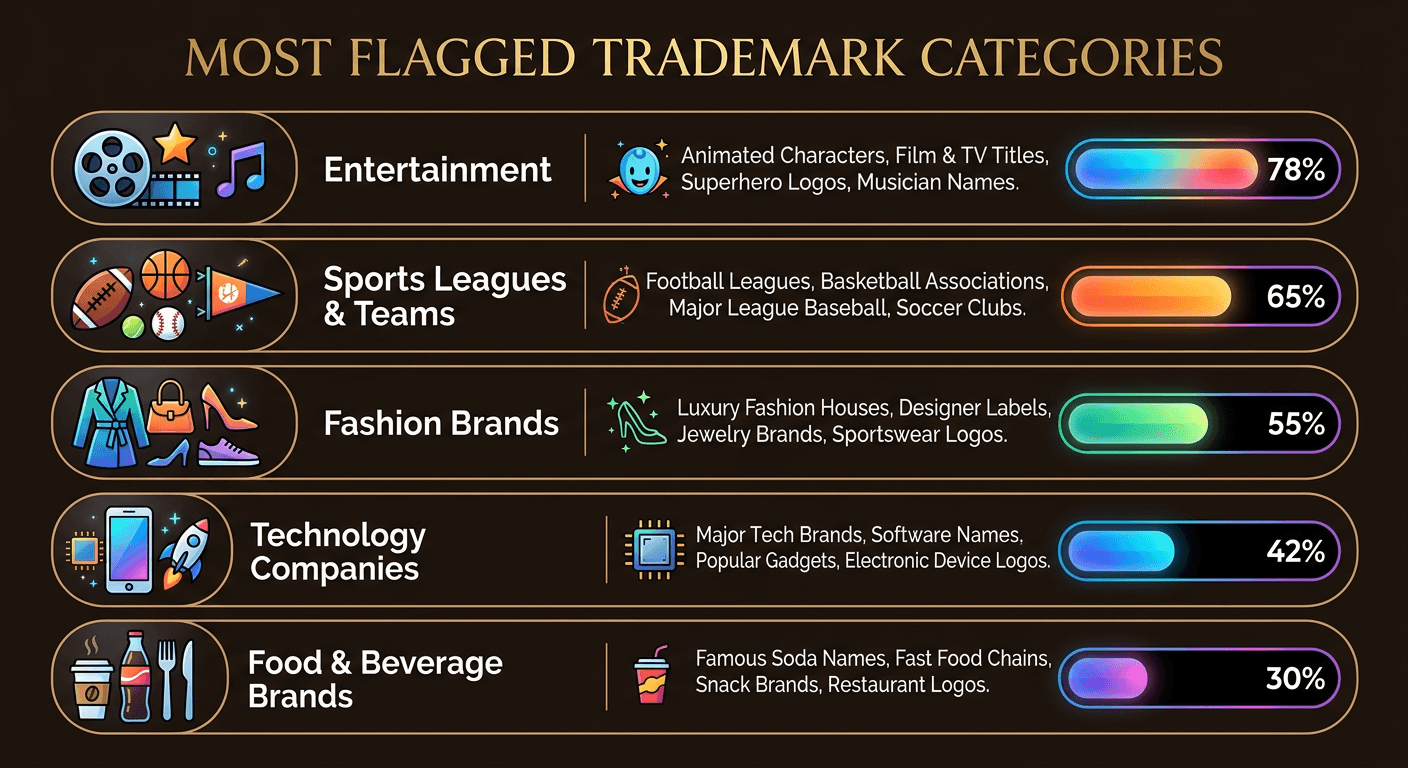 Chart showing most flagged trademark categories on Etsy: Entertainment and Characters leads at 45%, followed by Sports at 20%, Fashion at 18%, Tech at 10%, and Other at 7%