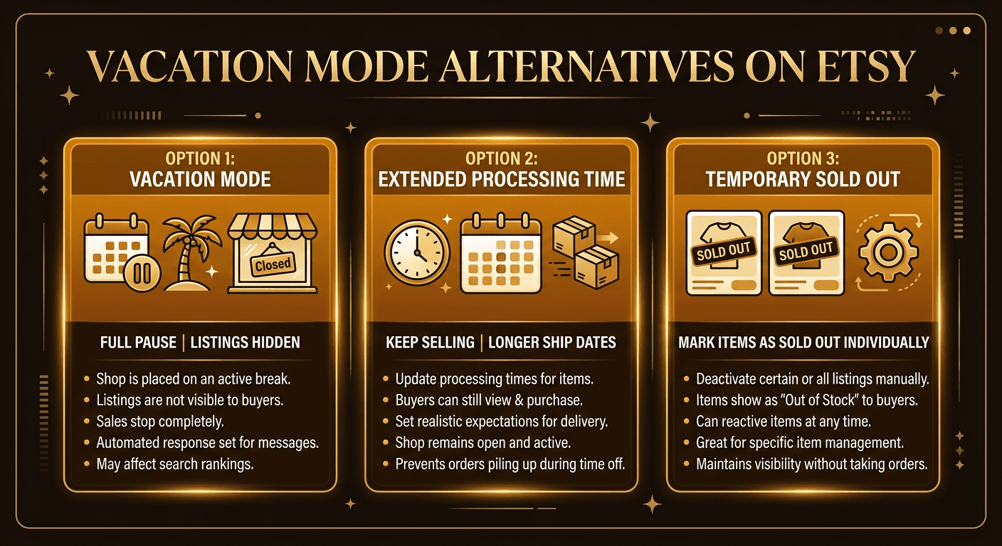 Comparison of Etsy vacation mode alternatives including extended processing times, sold-out listings, and hiring help