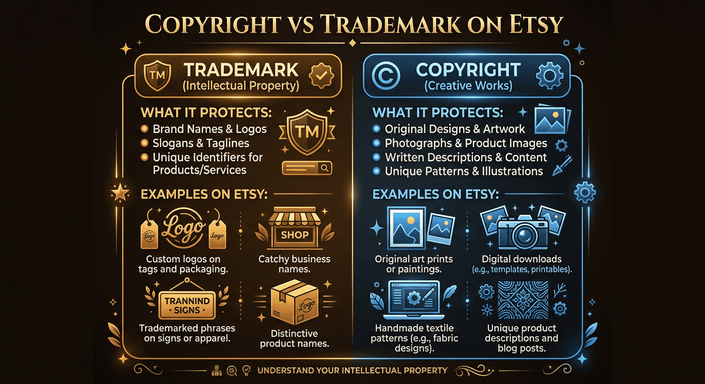 Side-by-side comparison chart showing the differences between copyright and trademark: copyright protects creative works like photos, designs, and text, while trademark protects brand identifiers like names, logos, and slogans