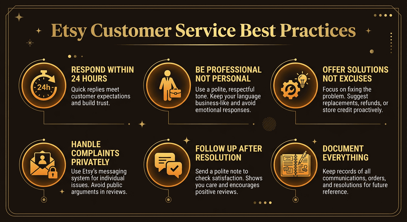 Etsy customer service tips showing message templates and response strategies for preventing bad reviews