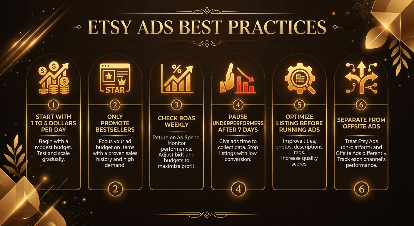 Checklist showing when Etsy Ads are worth it versus when to skip them, with key decision factors like conversion rate, margins, and listing quality