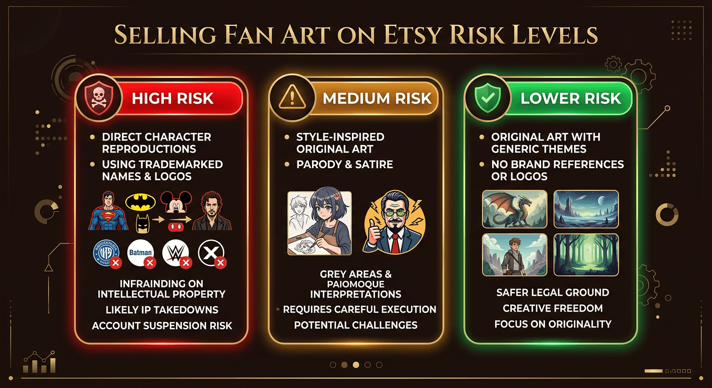 Infographic showing three risk levels for fan art on Etsy: High risk includes direct character reproduction and brand logos; Medium risk includes style-inspired work that clearly references a franchise; Lower risk includes original art with similar aesthetics and no brand references