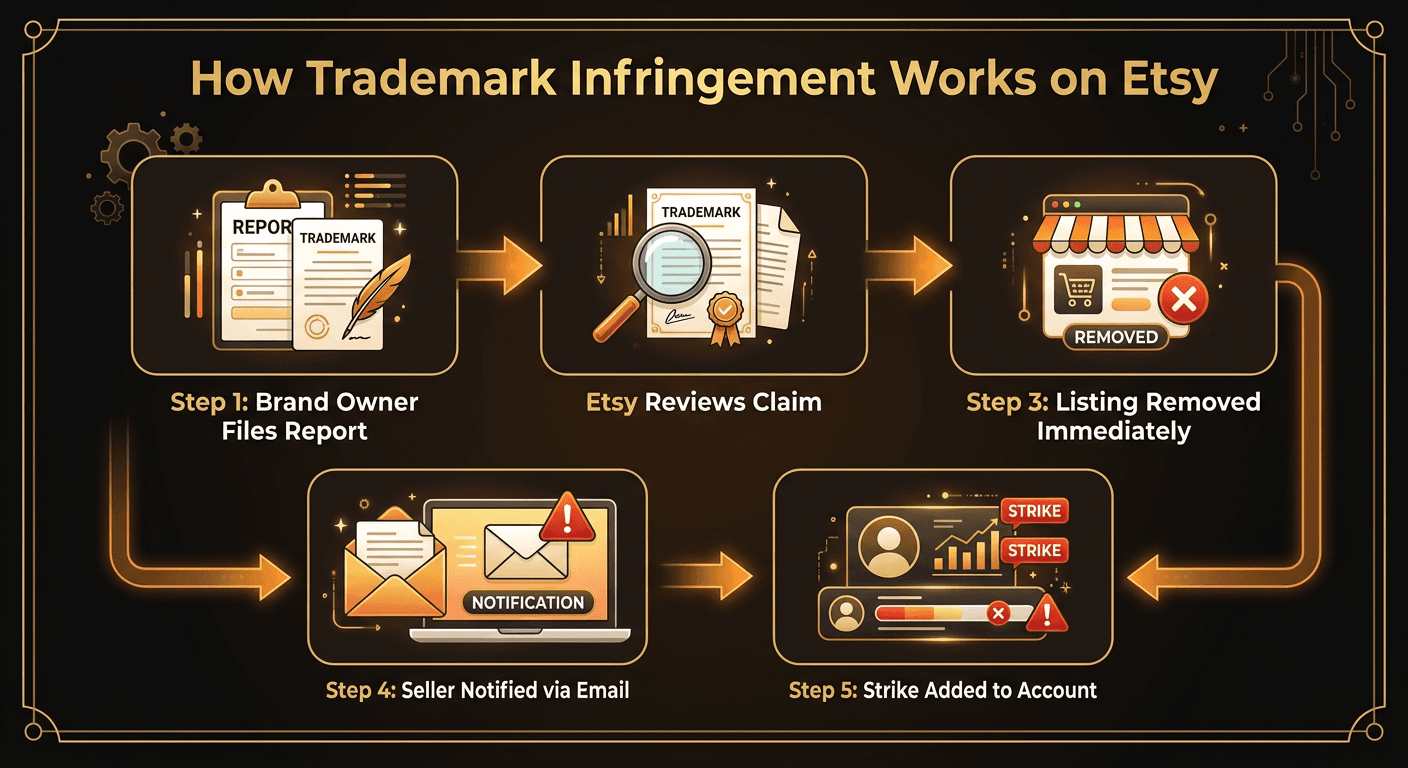 Flowchart showing Etsy's IP reporting process: Brand owner files report through Etsy Reporting Portal, Etsy reviews the claim, listing is removed, and seller is notified via email