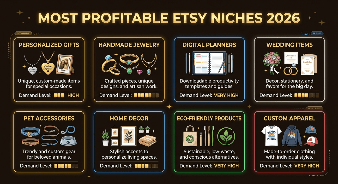Most profitable Etsy niche ideas in 2026 — visual guide showing top-selling categories