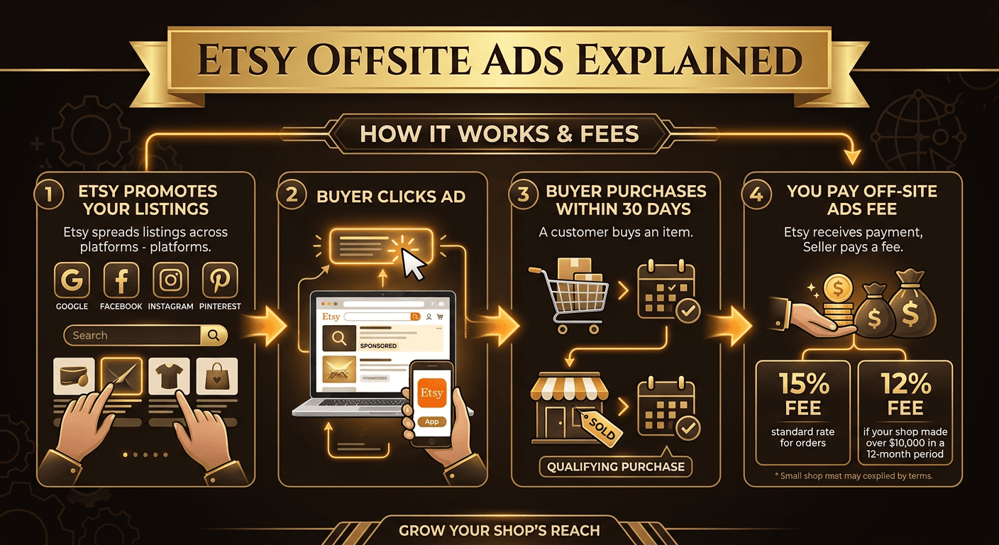 Diagram showing how Etsy Offsite Ads work: Etsy promotes your listing on Google, Facebook, Instagram, Pinterest, and Bing, buyer clicks and purchases within 30 days, seller pays 12-15% fee