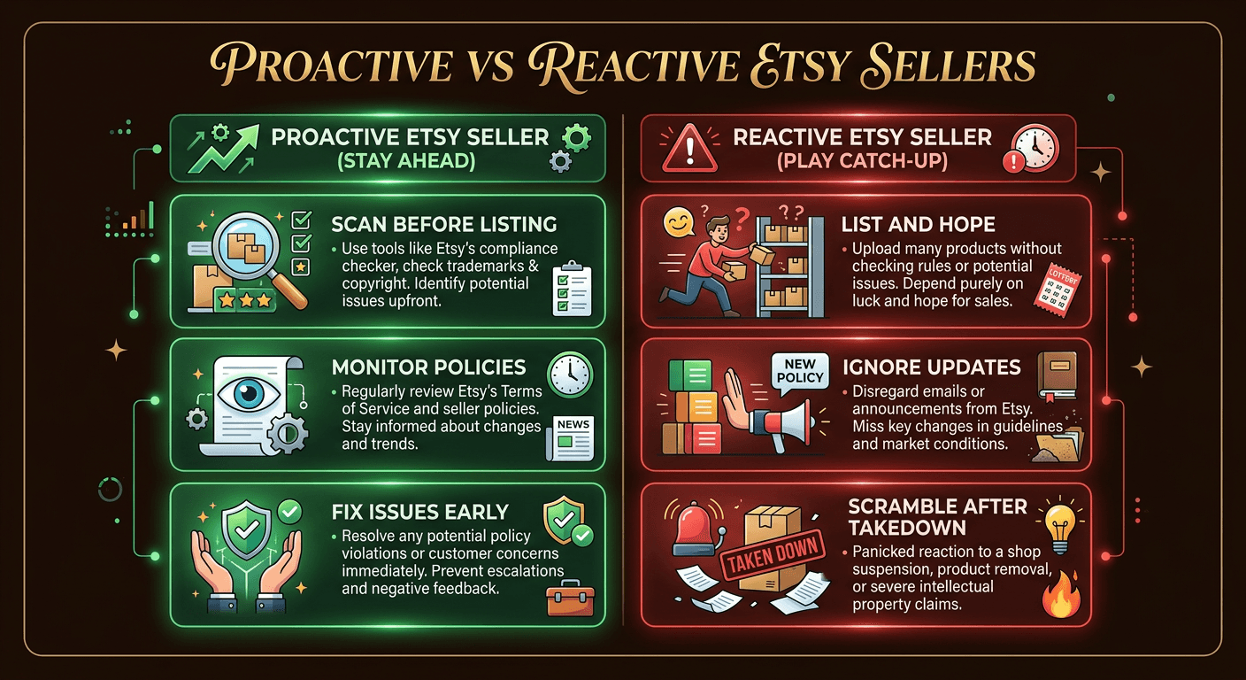 Comparison table showing the difference between proactive and reactive Etsy sellers across compliance areas