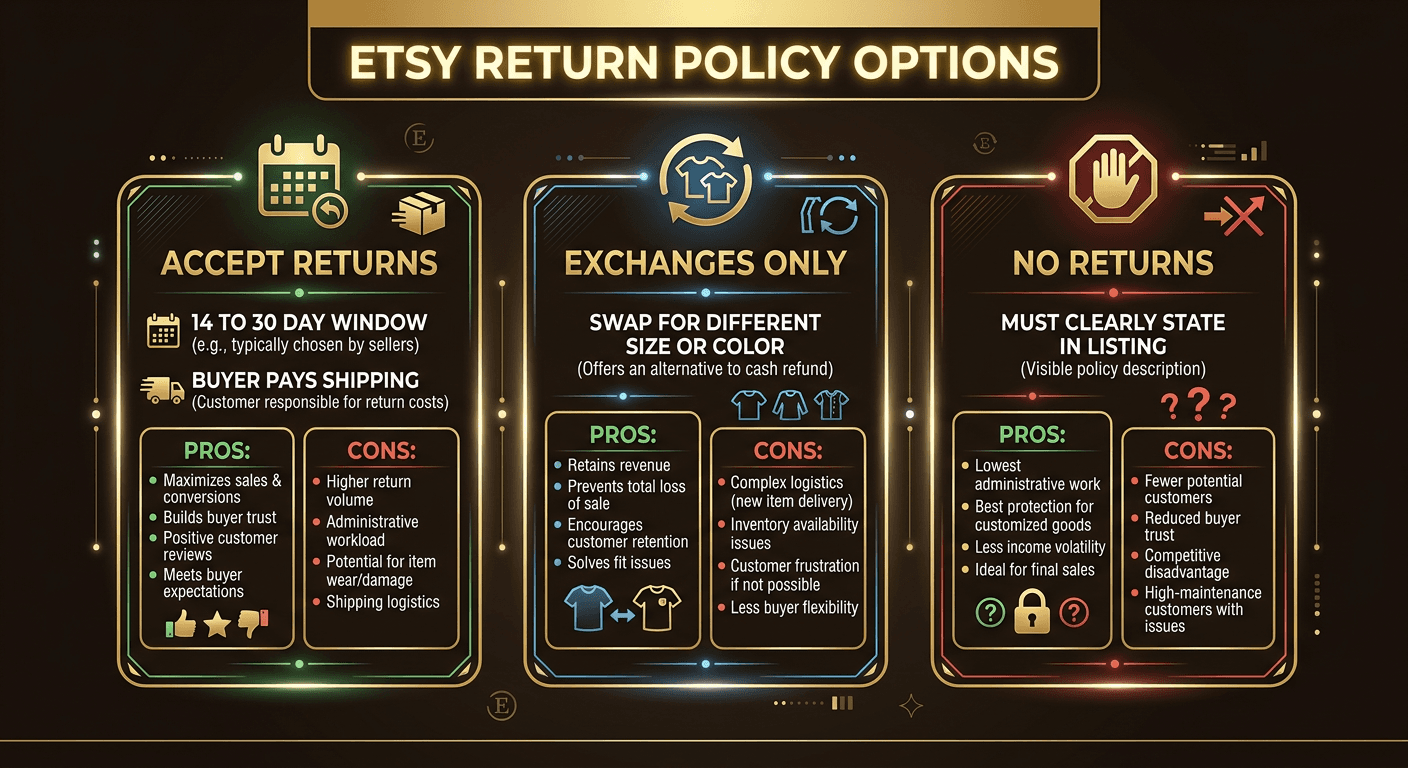Comparison of the three Etsy return policy options: accept returns, exchanges only, and no returns
