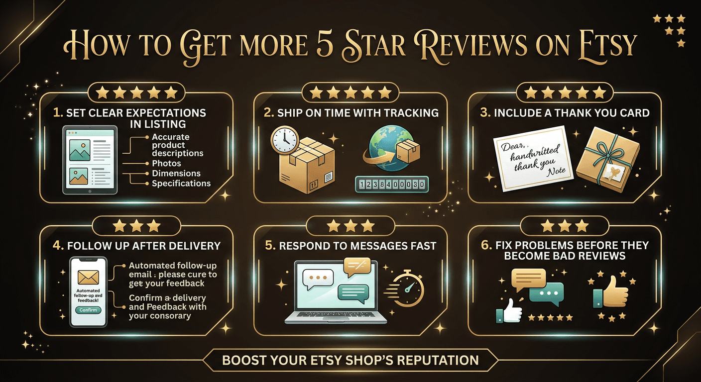 Guide to getting more 5-star reviews on Etsy showing review strategies and best practices