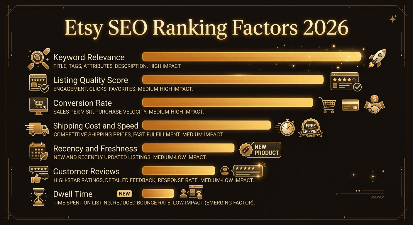 Infographic showing Etsy's key SEO ranking factors for 2026 including keyword relevance, listing quality score, conversion rate, shipping cost, recency, reviews, and dwell time