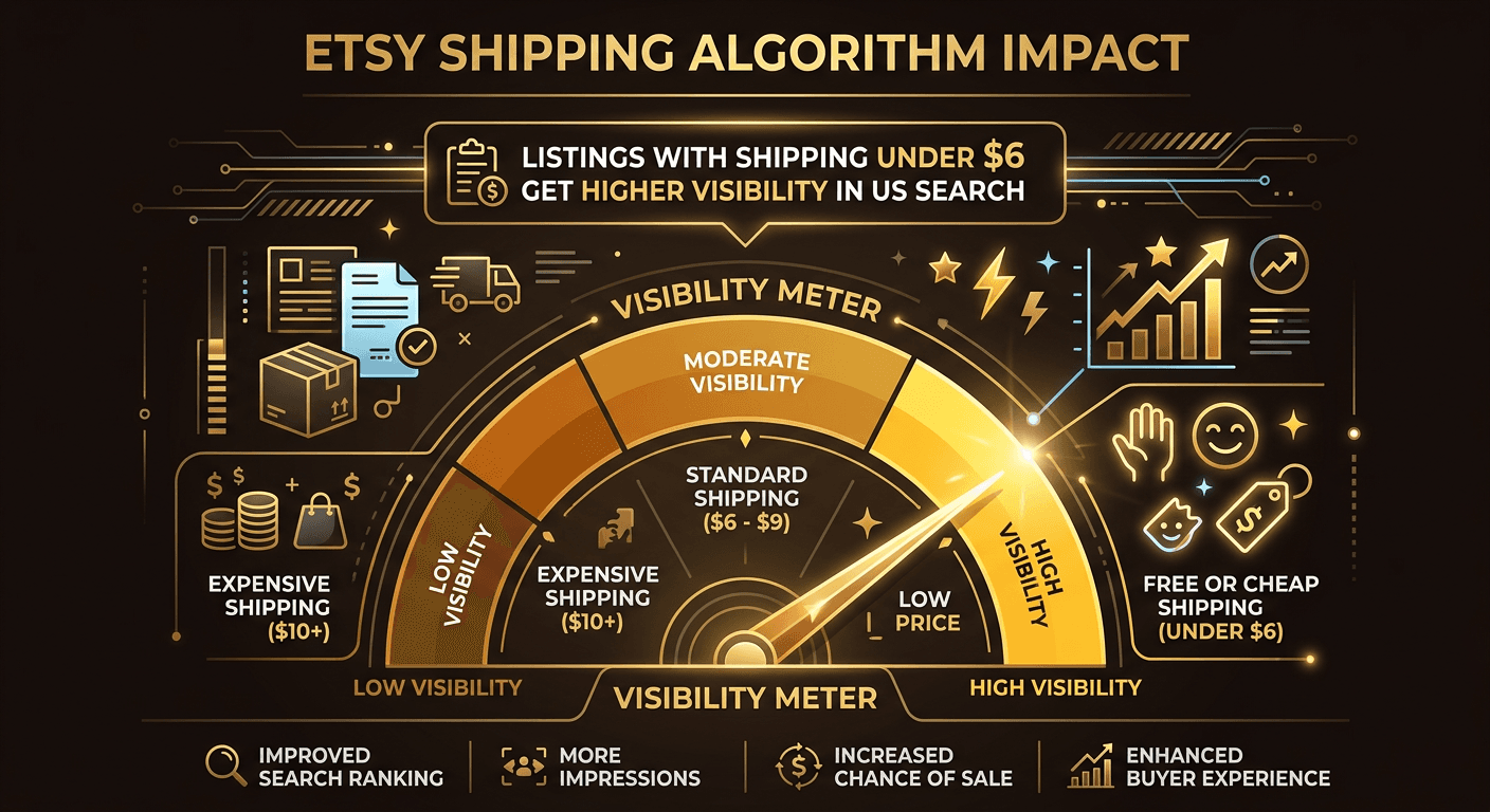 Diagram showing how Etsy's algorithm reduces visibility for listings with shipping costs above $6 for US domestic orders