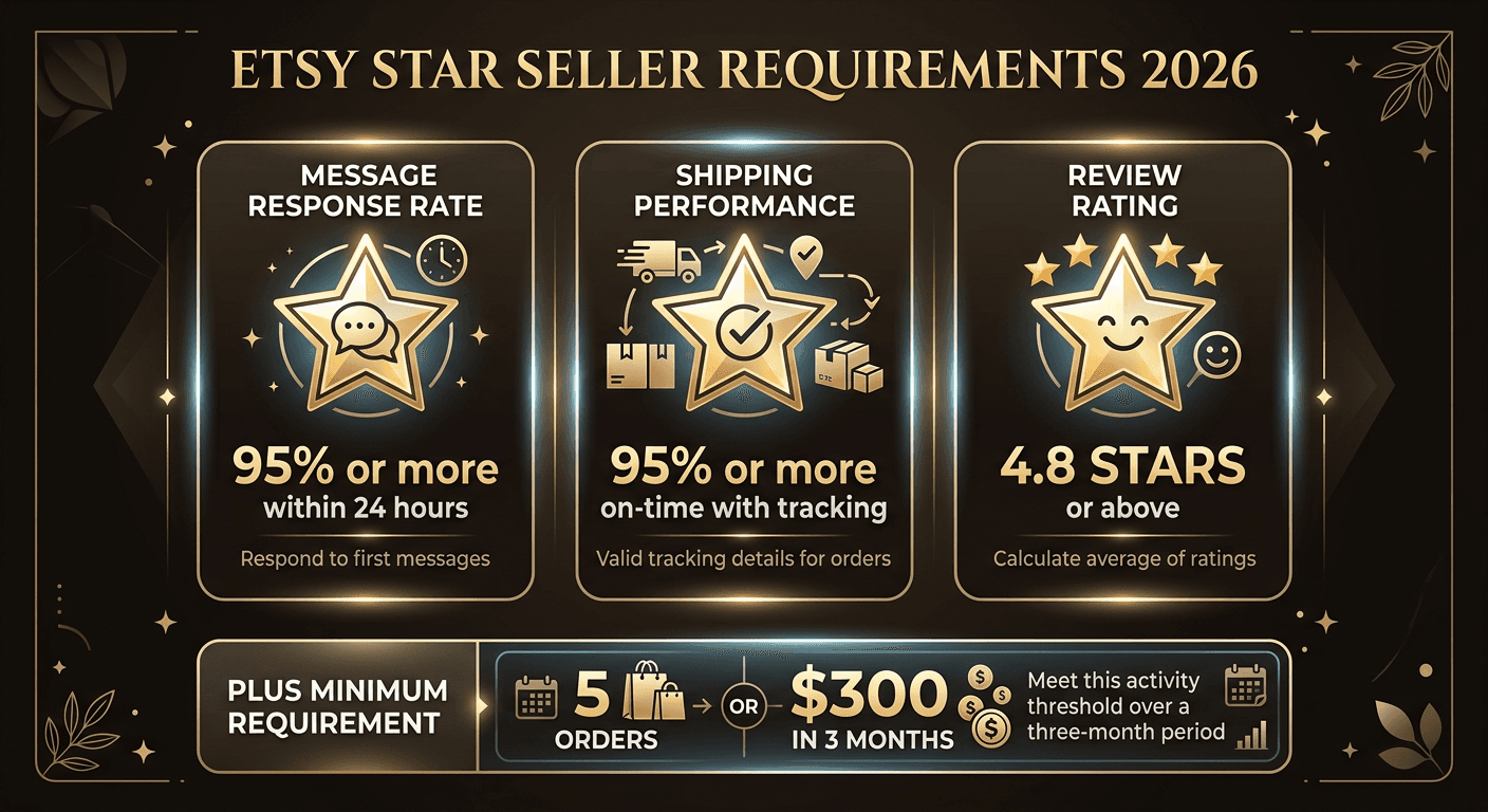 Etsy Star Seller requirements breakdown showing the four metrics: message response rate, shipping, reviews, and minimum orders