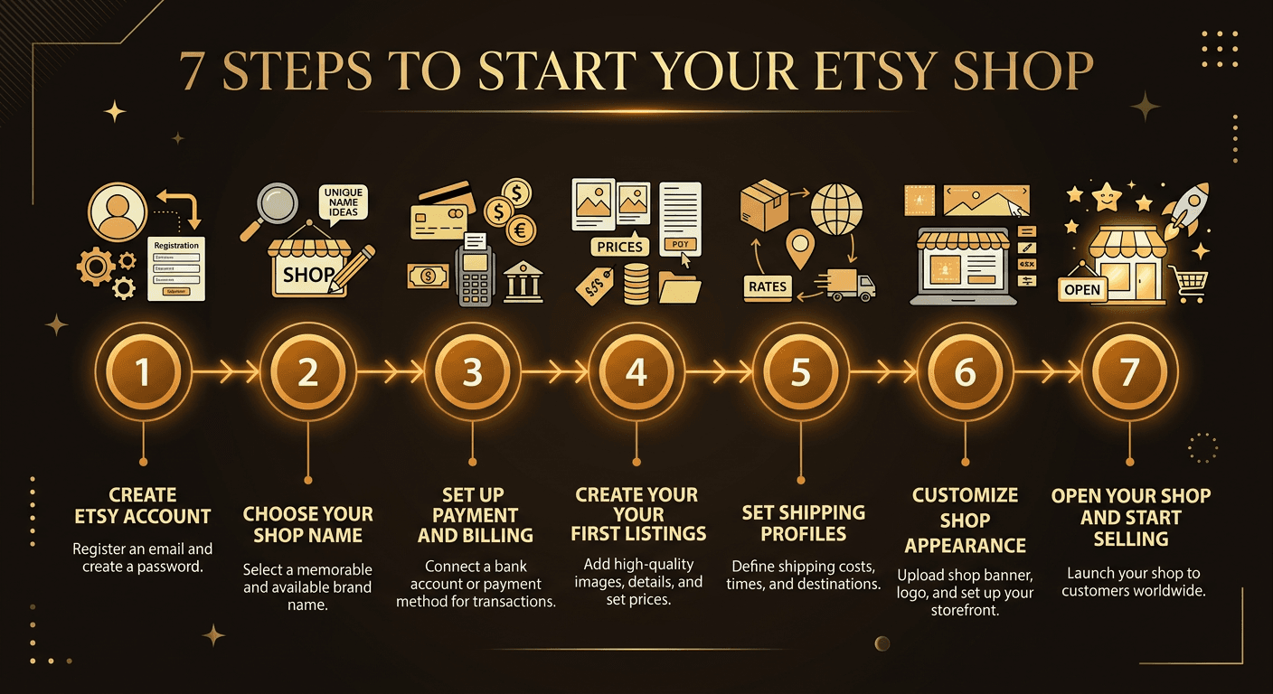 Step-by-step visual guide showing the seven steps to open an Etsy shop: create account, choose name, set payment, create listing, set shipping, customize shop, and open