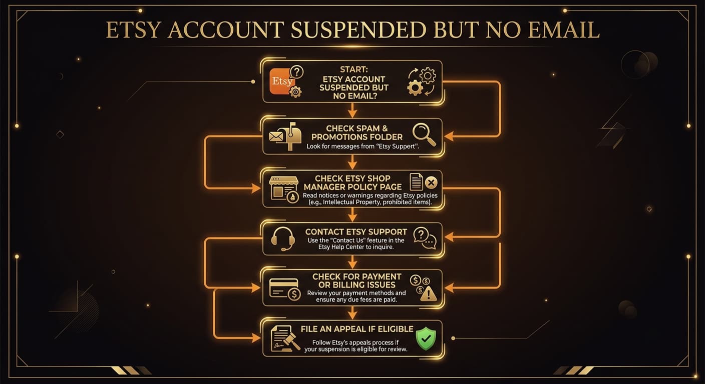 Flowchart showing what to do when your Etsy account is suspended but you received no email