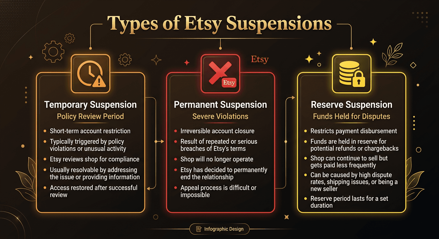 Three types of Etsy suspensions: Temporary (policy review), Permanent (severe violations), and Reserve/Fund Hold (dispute-related)
