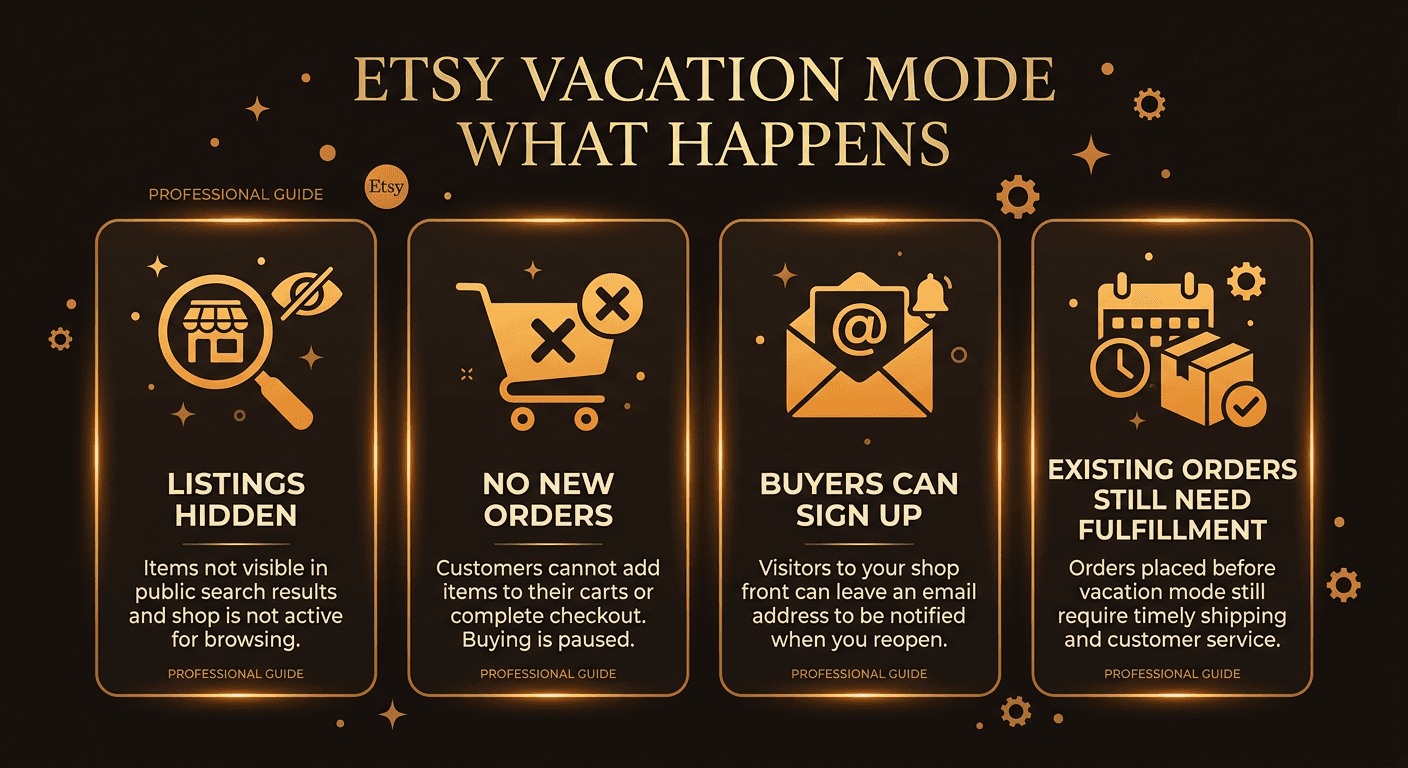 Overview of what happens when you turn on Etsy vacation mode — listings hidden, no new orders, buyer notification option