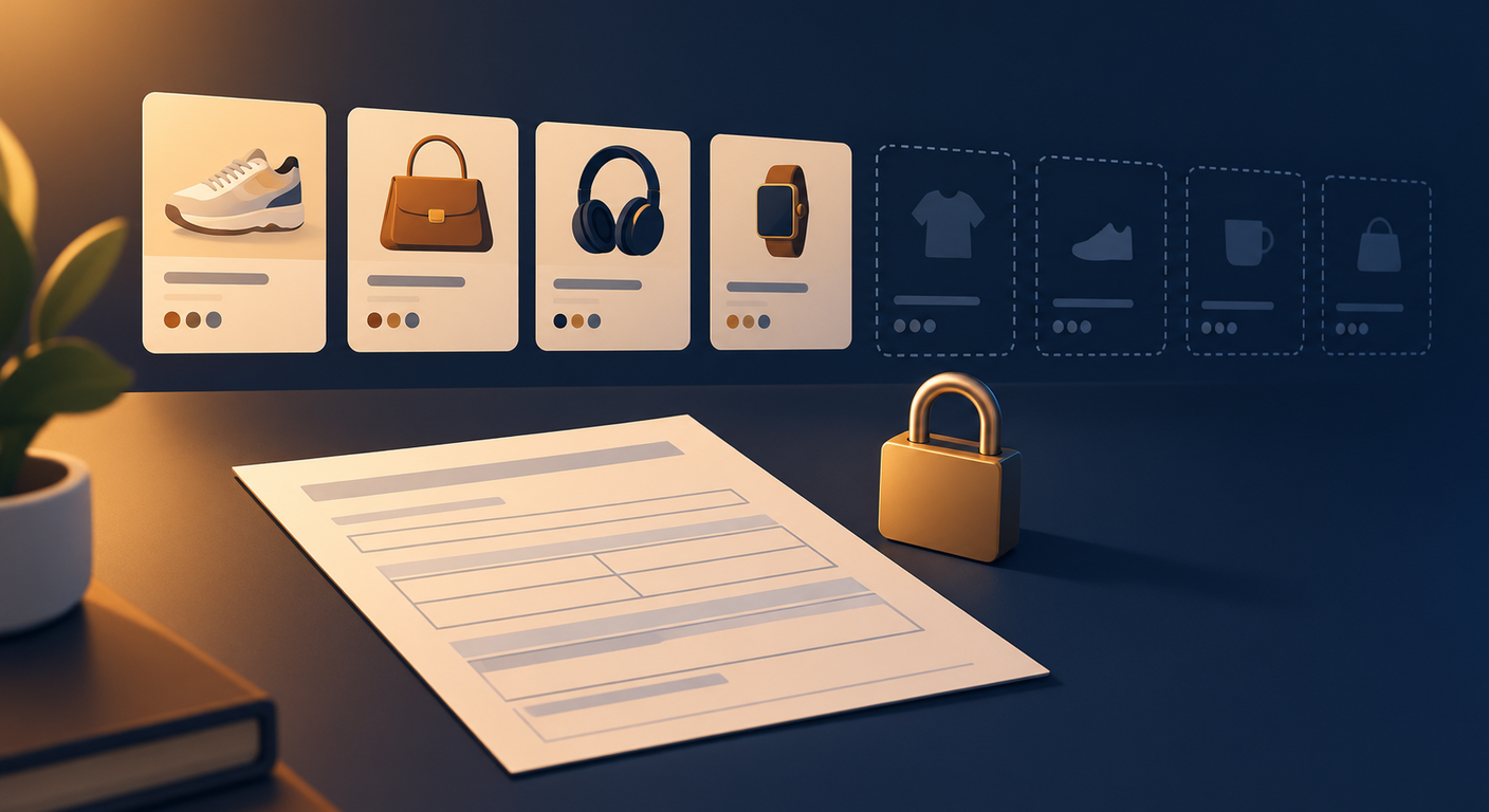 Editorial illustration of a blank tax form on a dark desk beside a brass padlock, with a row of product listing tiles above it where the first four are filled and the rest are empty dashed outlines