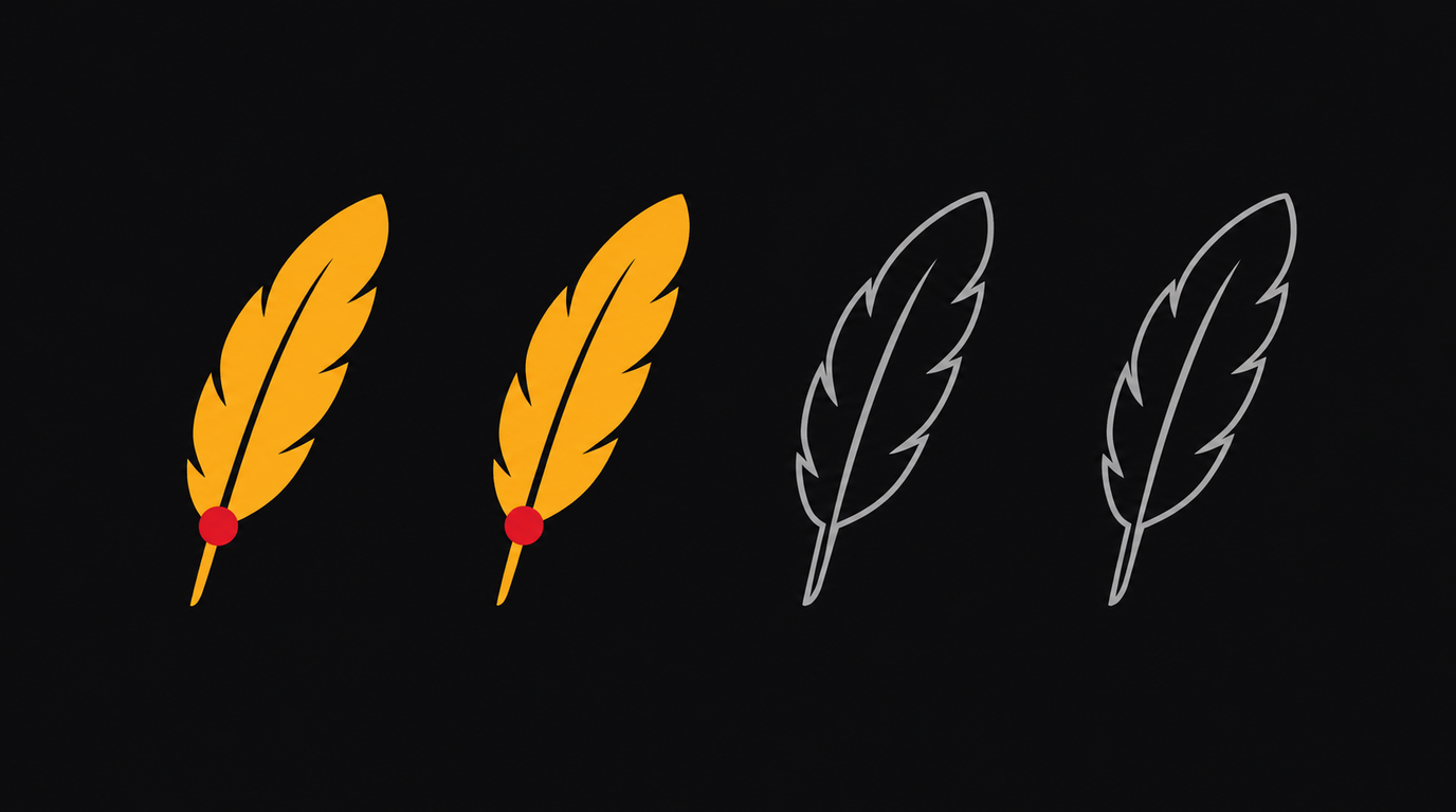 Flat vector illustration on a near-black field: four feather silhouettes in a row. The two on the left are filled solid amber and each carries a small red circular seal near its quill; the two on the right are plain grey outlines with no seal