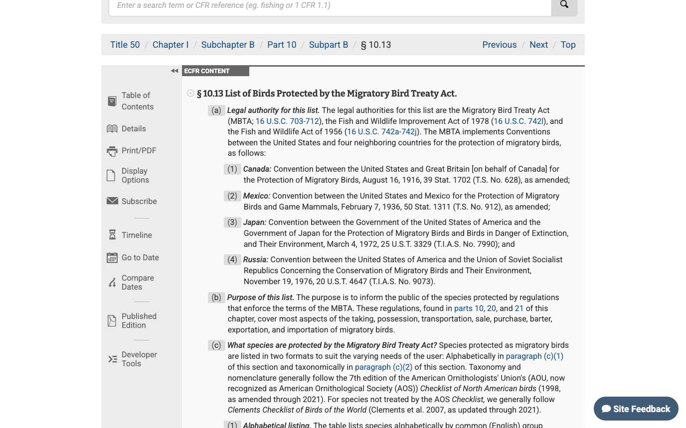Screenshot of the eCFR text of 50 CFR 10.13, List of Birds Protected by the Migratory Bird Treaty Act, showing the legal authority paragraph citing 16 USC 703 to 712 and the four conventions with Canada, Mexico, Japan and Russia, and the purpose paragraph reading that the purpose of this list is to inform the public of the species protected by regulations that enforce the terms of the MBTA