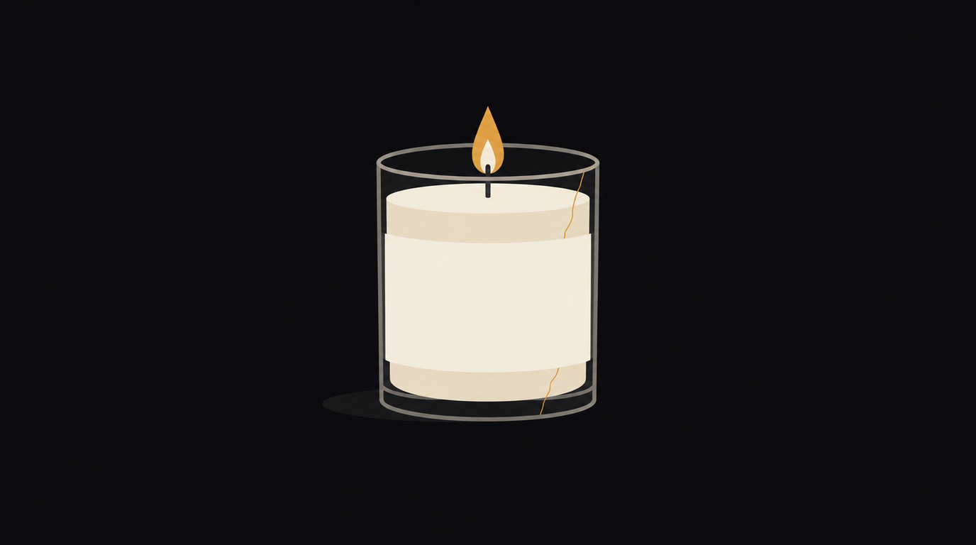 Flat vector illustration on a near-black field: a single plain glass candle jar holding pale wax and one lit wick with a small amber flame, wrapped in a completely blank rectangular label, with a thin amber hairline crack running up one side of the glass
