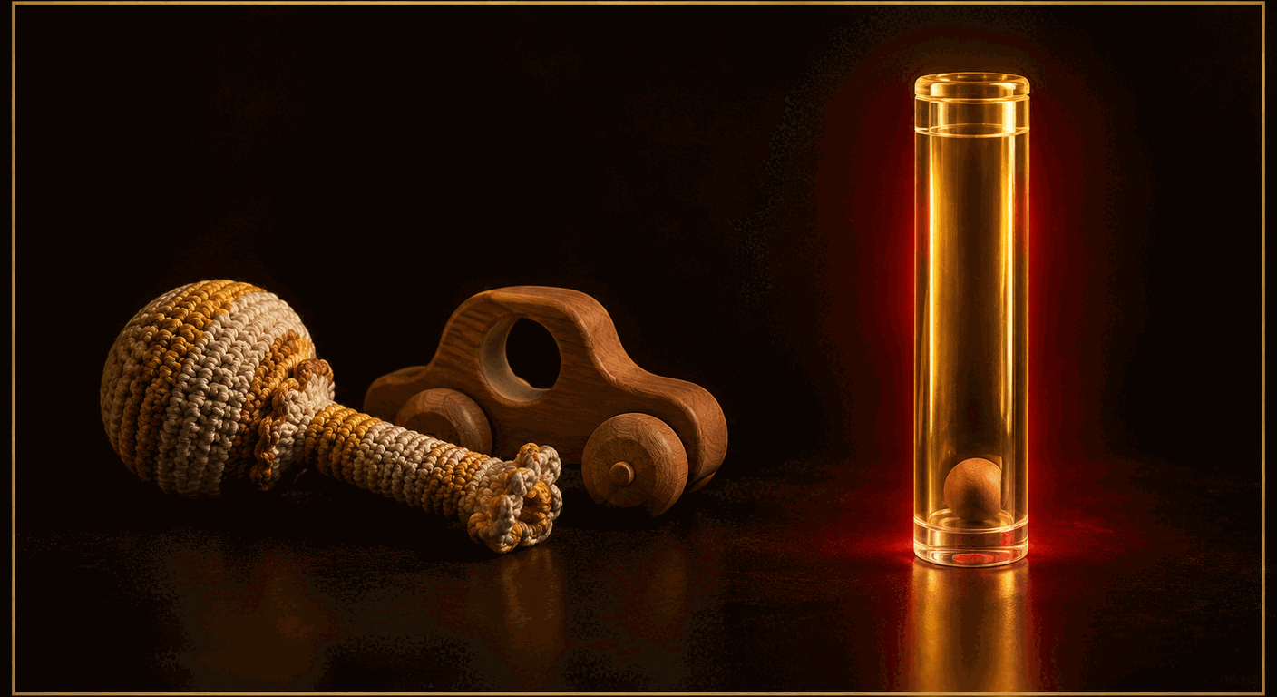 A handmade crocheted baby rattle and a small wooden toy car on a dark surface beside a glowing clear test cylinder with a wooden bead fallen all the way inside it, ringed by a red warning glow