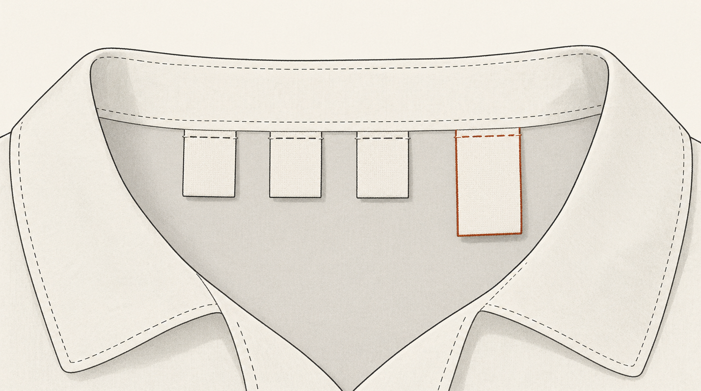 Minimal line illustration of a plain garment collar seen from the inside with four small blank fabric labels stitched into it in a row, three outlined in charcoal and the fourth, slightly larger, outlined in rust