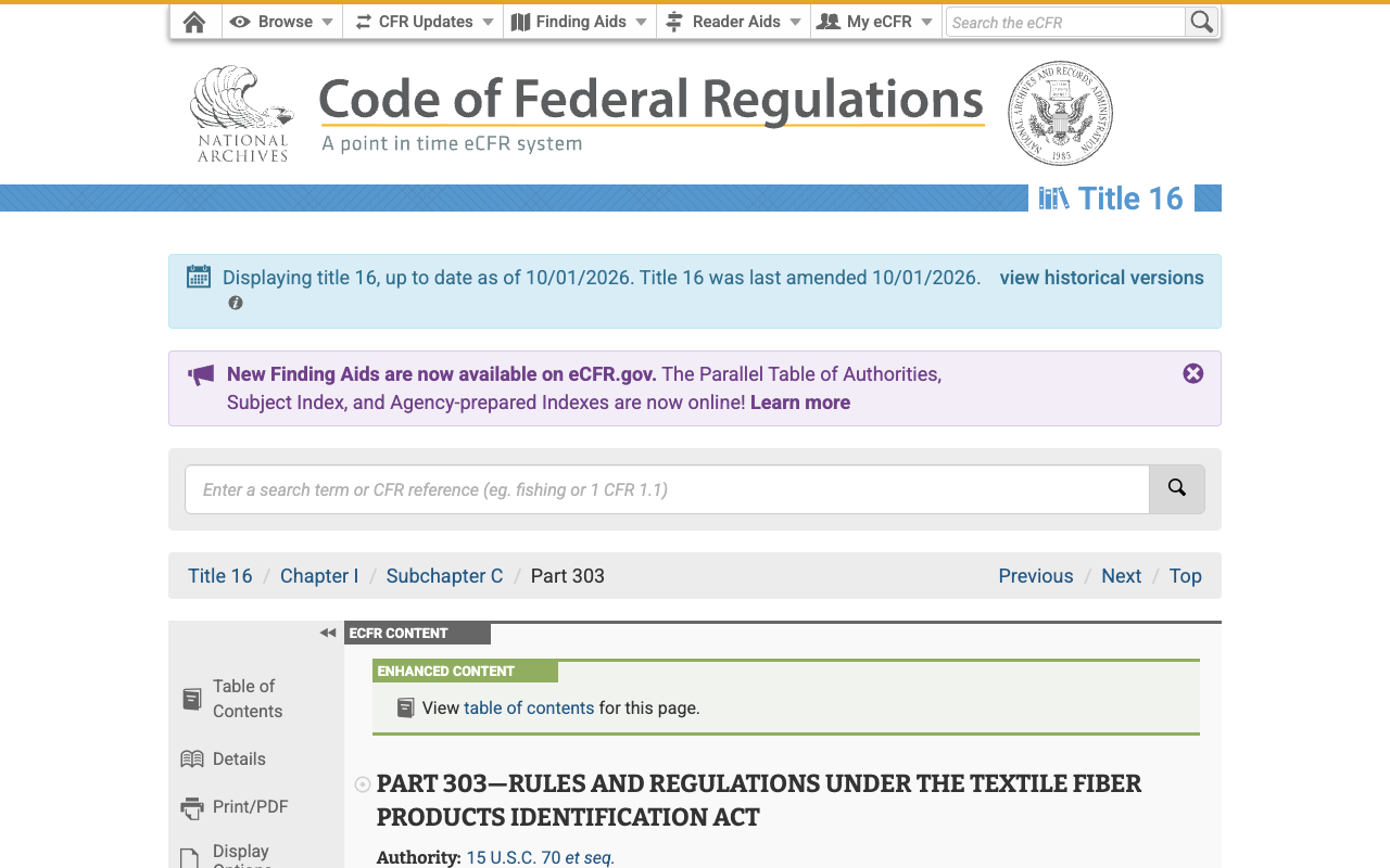Screenshot of the eCFR page for 16 CFR Part 303, Rules and Regulations Under the Textile Fiber Products Identification Act, noting Title 16 is displayed up to date as of 10/01/2026, with its authority given as 15 U.S.C. 70 et seq. and its source as 24 FR 4480, June 2, 1959, above section 303.1 Terms defined
