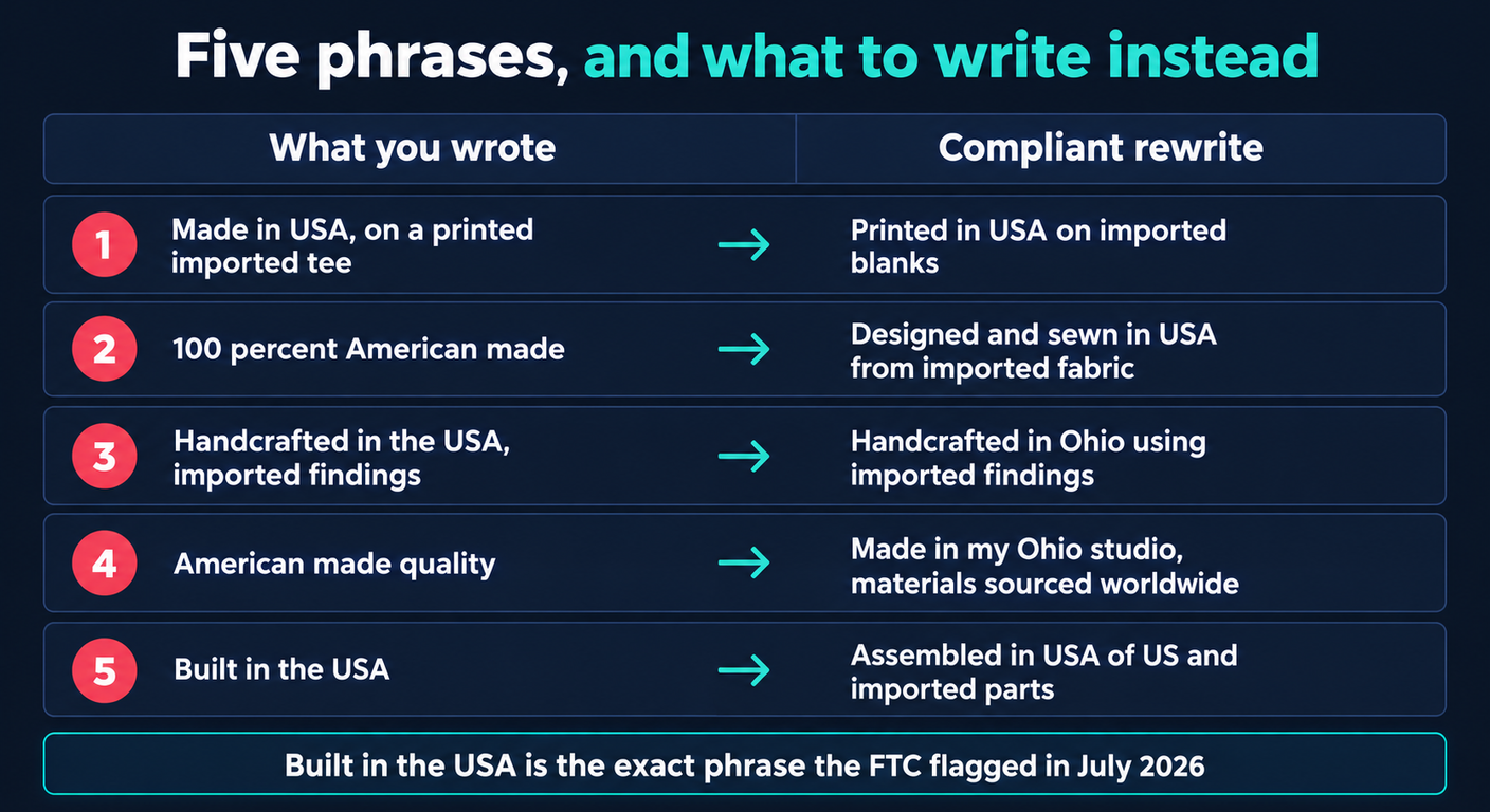 Table of five non-compliant phrases and their compliant rewrites, including Made in USA on a printed imported tee becoming Printed in USA on imported blanks, and Built in the USA becoming Assembled in USA of US and imported parts