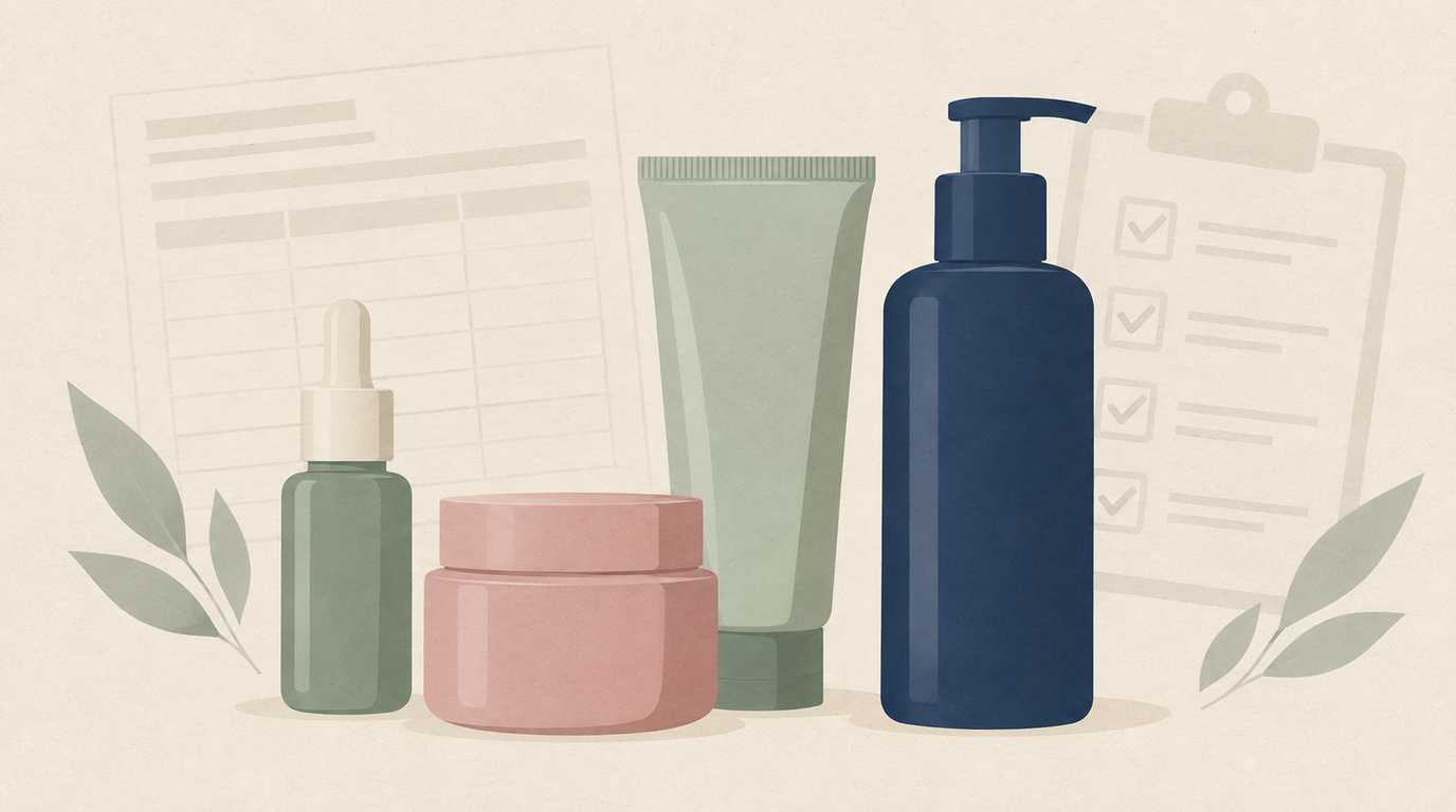Editorial illustration of four unbranded cosmetic containers, a dropper bottle, a squat jar, a tube and a pump bottle, arranged on a warm cream surface with a regulatory document grid and a checklist outline ghosted behind them