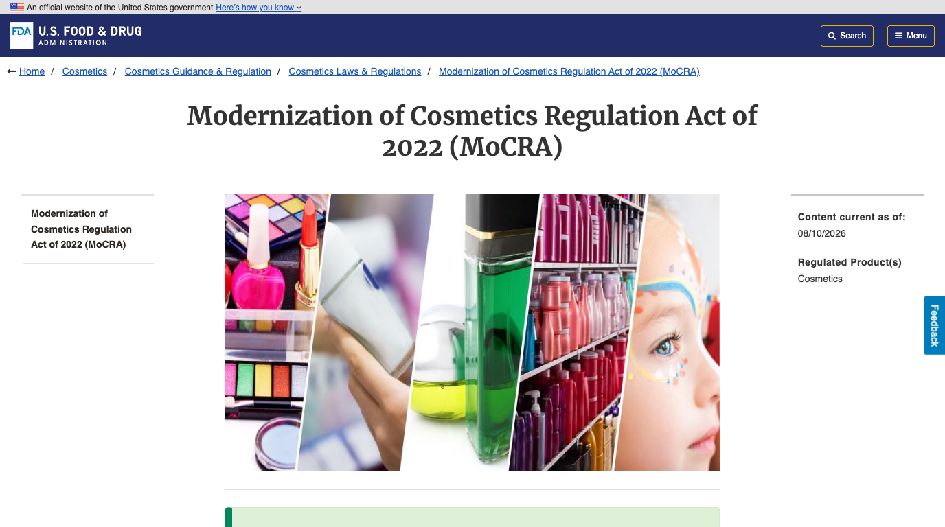 Screenshot of the FDA page for the Modernization of Cosmetics Regulation Act of 2022, the statute that added the facility registration, product listing and adverse event reporting duties