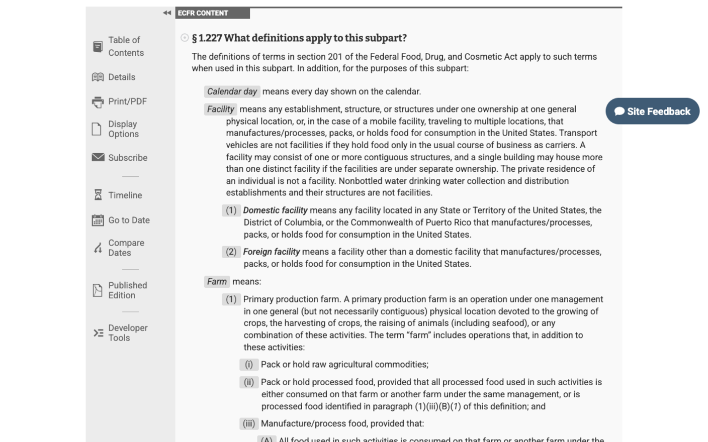 Screenshot of 21 CFR 1.227 on eCFR showing the definition of Facility, which includes the sentence that the private residence of an individual is not a facility, followed by the definitions of domestic facility, foreign facility and farm