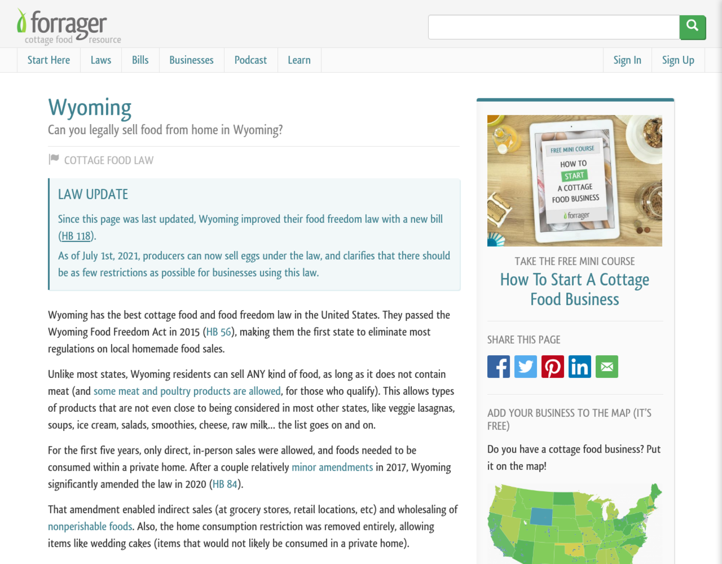 Screenshot of Forrager's Wyoming cottage food law page stating that Wyoming has the best cottage food and food freedom law in the United States, that residents can sell any kind of food that does not contain meat, and that the 2020 amendment added a $250,000 sales limit with zero regulations from any governmental agency aside from a minimal labeling requirement