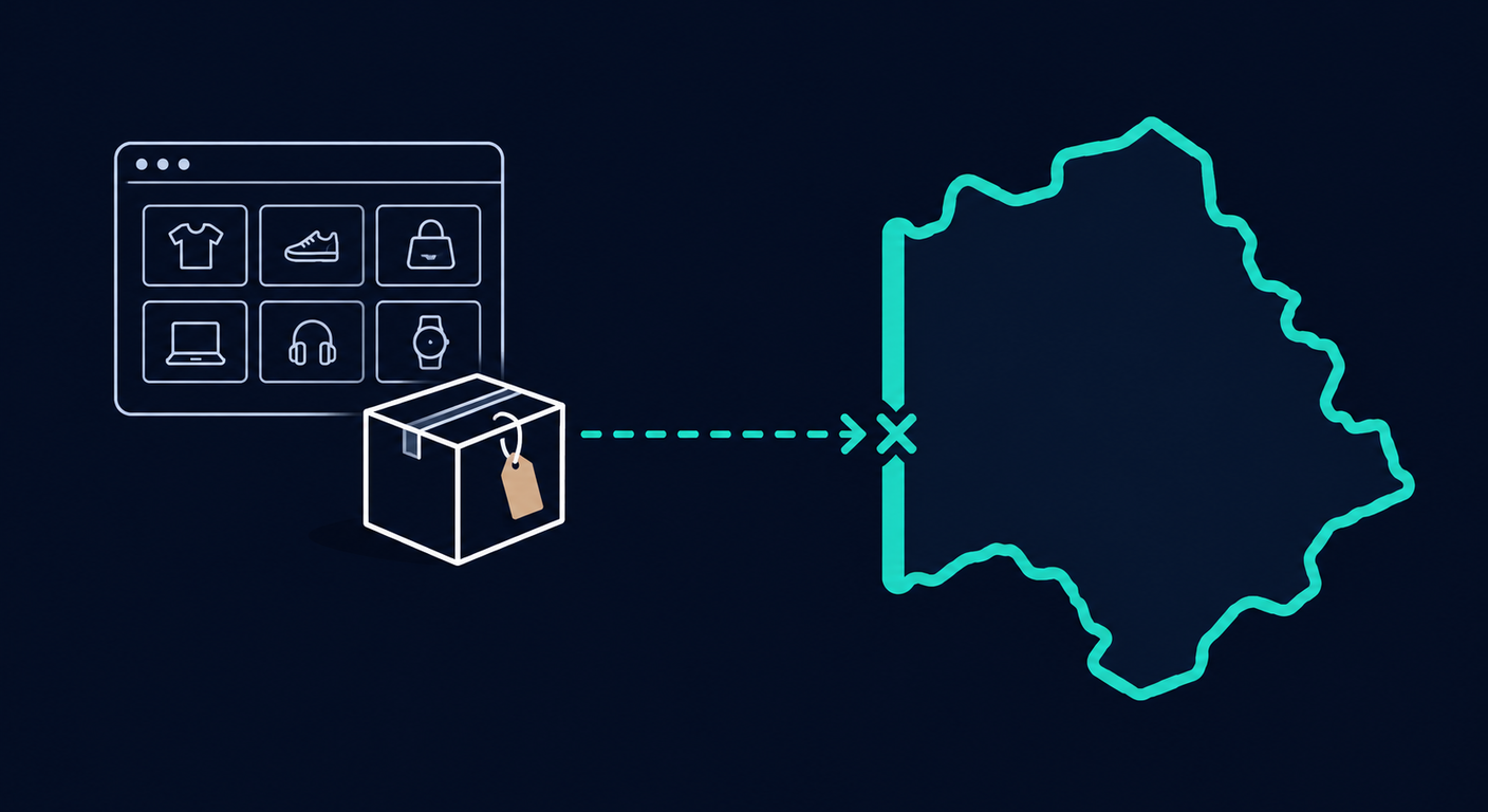 Editorial illustration of an online shop window showing a grid of product tiles, with a parcel carrying a kraft label tag beside it and a dashed teal delivery route leaving the parcel and stopping dead at a cross where it meets a thick teal state boundary outline