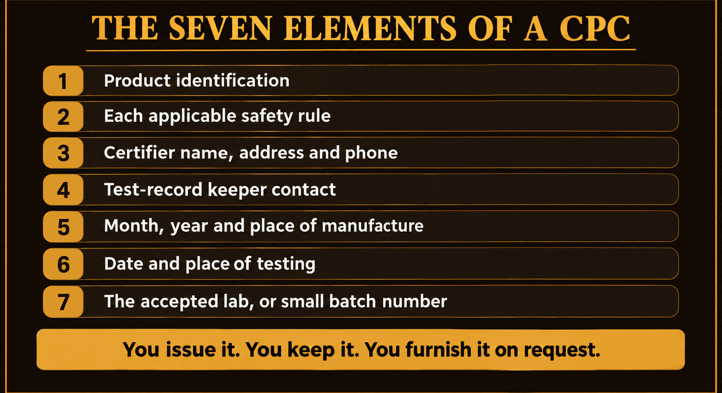 Numbered list of the seven elements a Children's Product Certificate must carry: product identification, each applicable safety rule, the certifier's name address and phone, the test-record keeper's contact details, the month year and place of manufacture, the date and place of testing, and the CPSC-accepted laboratory or small batch registration number