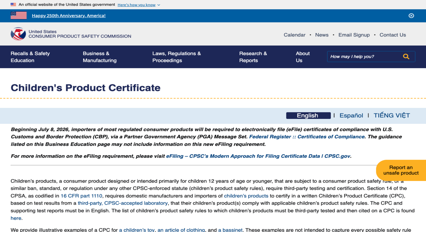 The CPSC's Children's Product Certificate page, carrying a notice that from July 8 2026 importers of most regulated consumer products must electronically file certificates of compliance with US Customs and Border Protection, and defining a children's product as one designed or intended primarily for children 12 years of age or younger under Section 14 of the CPSA as codified in 16 CFR part 1110