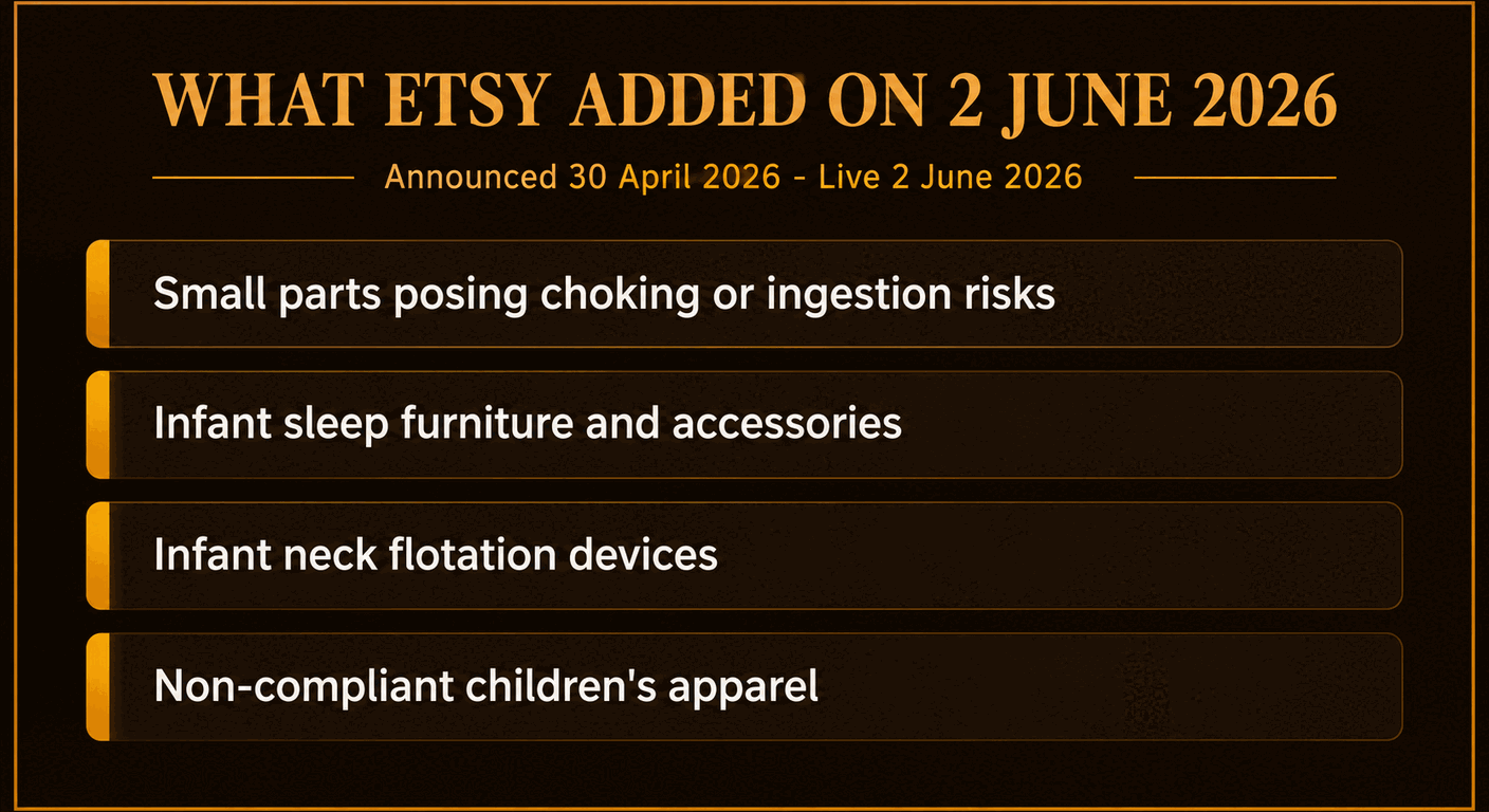 Infographic of the four things Etsy added to its Children and Baby Products policy, announced 30 April 2026 and live 2 June 2026: small parts posing choking or ingestion risks, infant sleep furniture and accessories, infant neck flotation devices, and non-compliant children's apparel