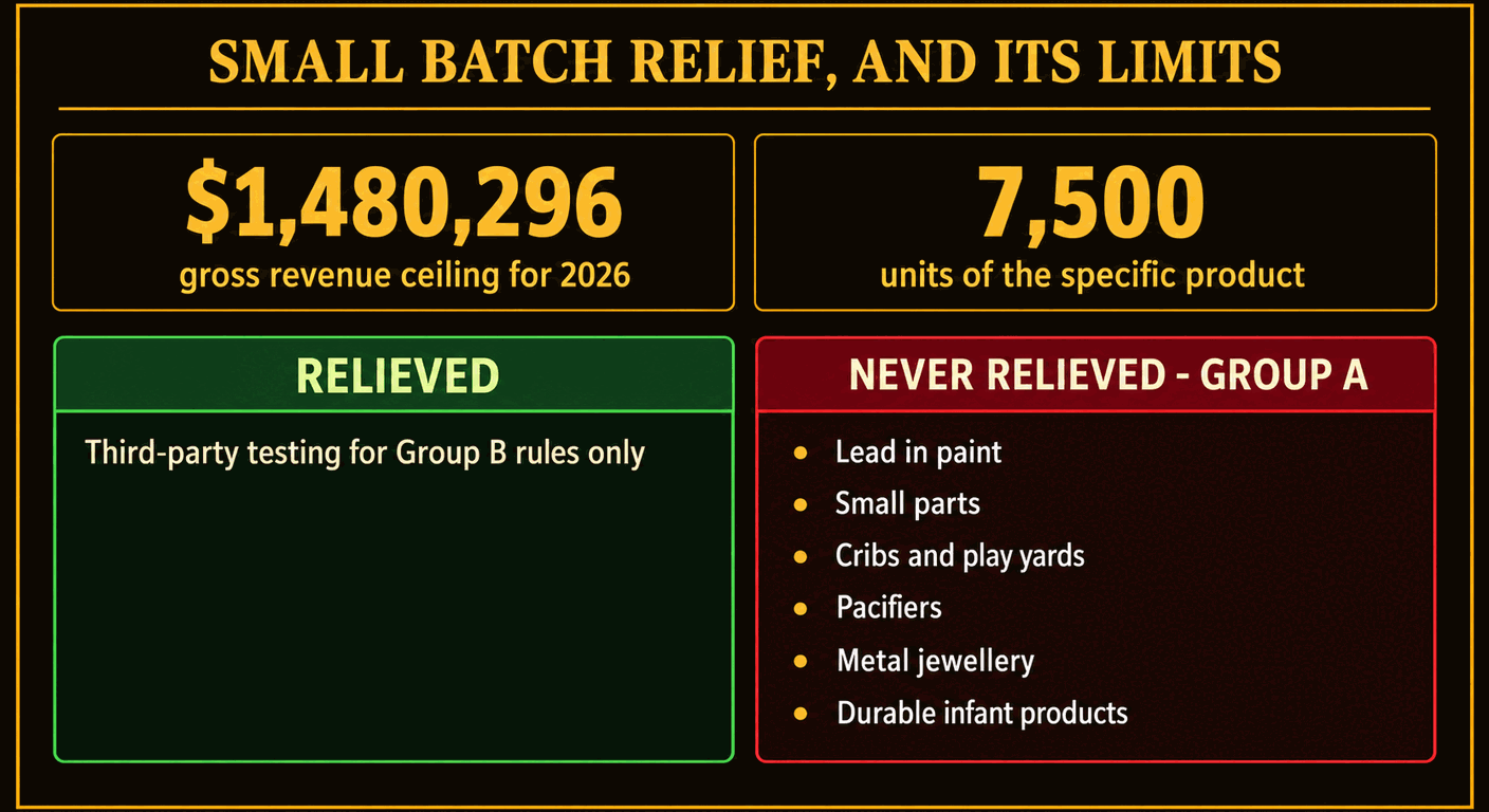 Infographic of the Small Batch Manufacturers Registry for 2026: the ceiling is 1,480,296 dollars in gross revenue and 7,500 units of the specific product, relief covers third-party testing for Group B rules only, and Group A is never relieved, covering lead in paint, small parts, cribs and play yards, pacifiers, metal jewellery and durable infant products