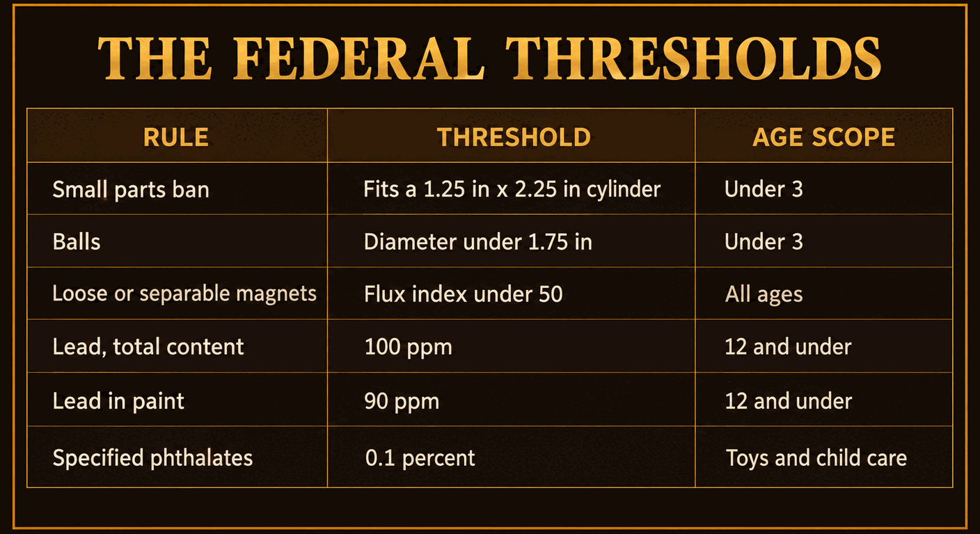 Table of the federal thresholds behind most safety removals: the small parts ban applies to anything fitting a 1.25 inch by 2.25 inch cylinder for children under 3, balls under 1.75 inches in diameter for under 3, loose or separable magnets with a flux index under 50 at all ages, total lead content at 100 parts per million and lead in paint at 90 parts per million for children 12 and under, and specified phthalates at 0.1 percent in toys and child care articles