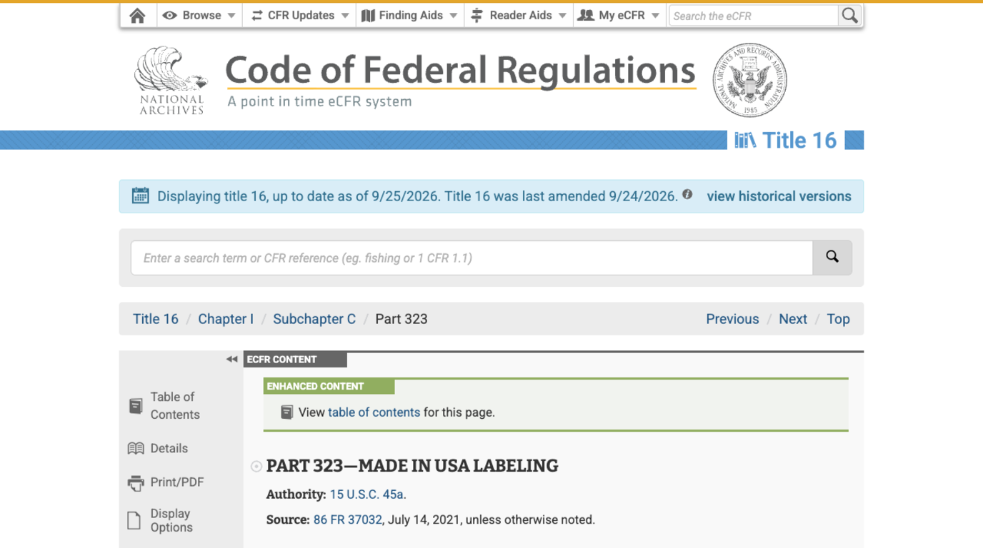 Screenshot of the eCFR page for 16 CFR Part 323, Made in USA Labeling, showing its authority at 15 U.S.C. 45a and source 86 FR 37032 of July 14 2021, displayed as up to date as of 9/25/2026