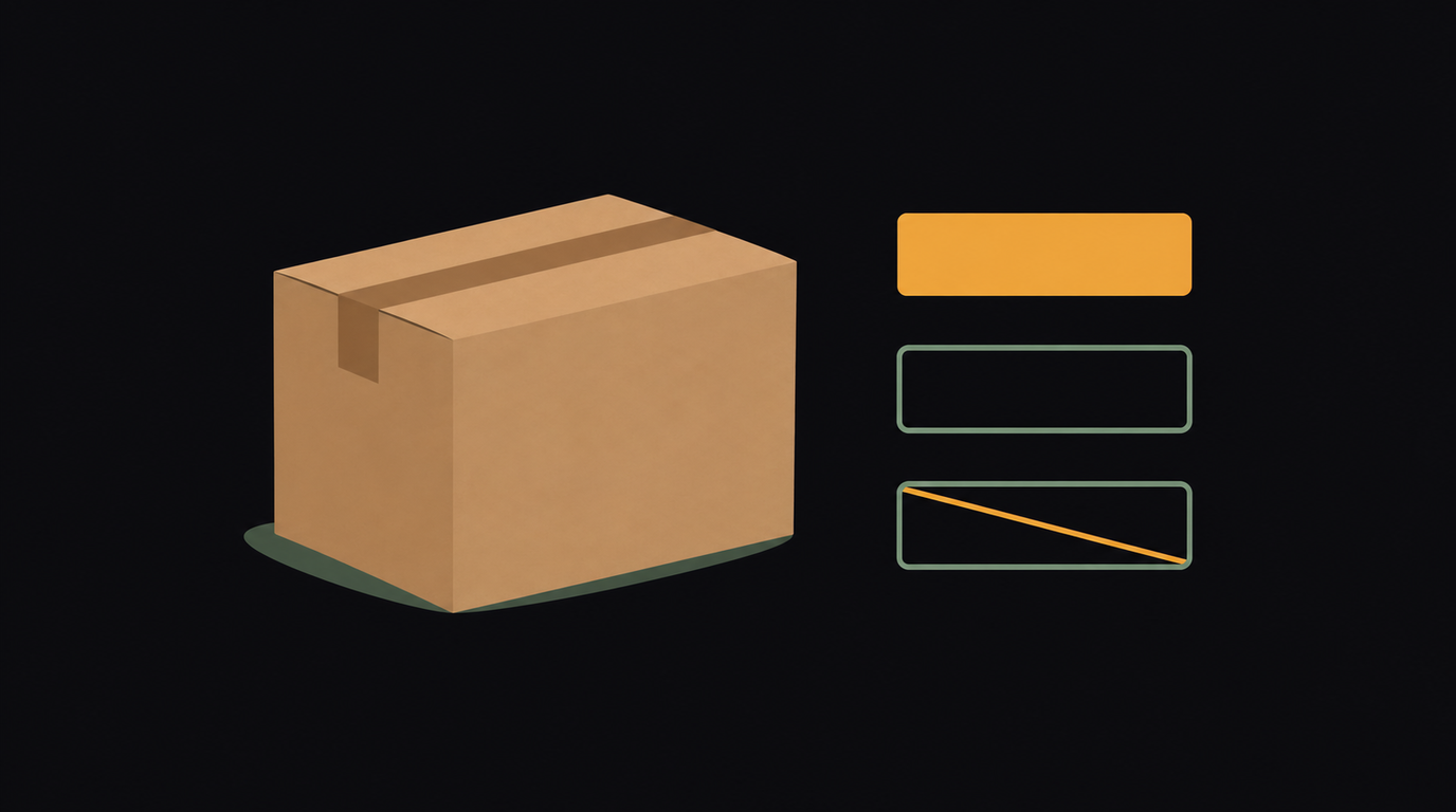 Flat vector illustration on a near-black field: a kraft shipping box at left, with three empty label plaques stacked to its right. The top plaque is filled solid amber, the middle one is an empty outline, and the bottom one is struck through with a single diagonal line