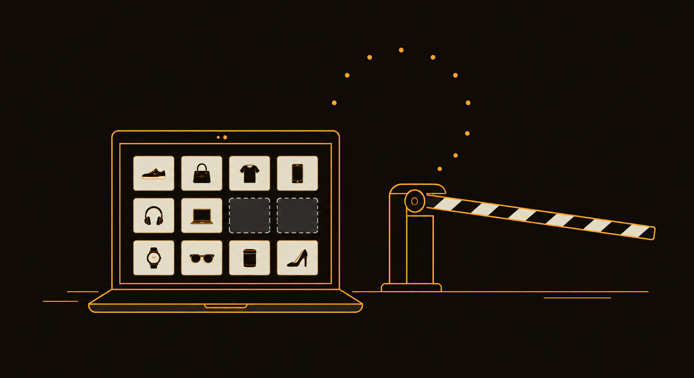 Editorial illustration of a laptop showing a grid of product listing tiles with two of them drawn as empty dashed outlines, beside a lowered striped barrier arm and an incomplete arc of amber dots