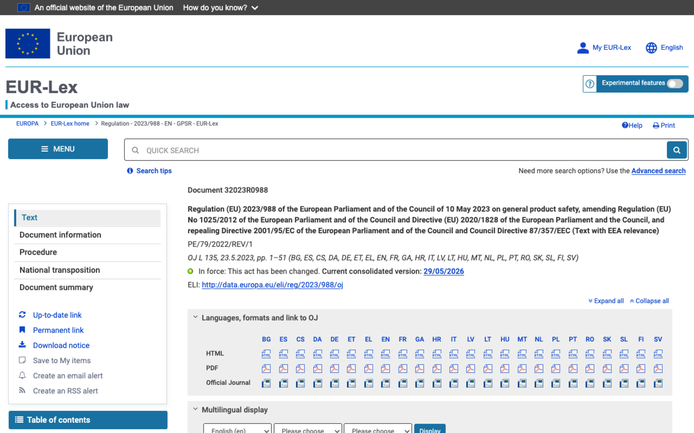 EUR-Lex page for Regulation (EU) 2023/988 of the European Parliament and of the Council of 10 May 2023 on general product safety, showing that the act is in force with a current consolidated version dated 29/05/2026