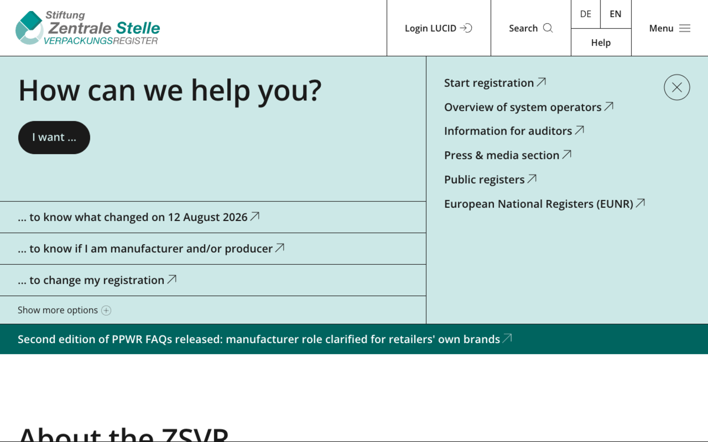 Home page of the Zentrale Stelle Verpackungsregister, the German Central Agency Packaging Register that runs LUCID, with a help menu offering to explain what changed on 12 August 2026 and whether you count as a manufacturer or producer
