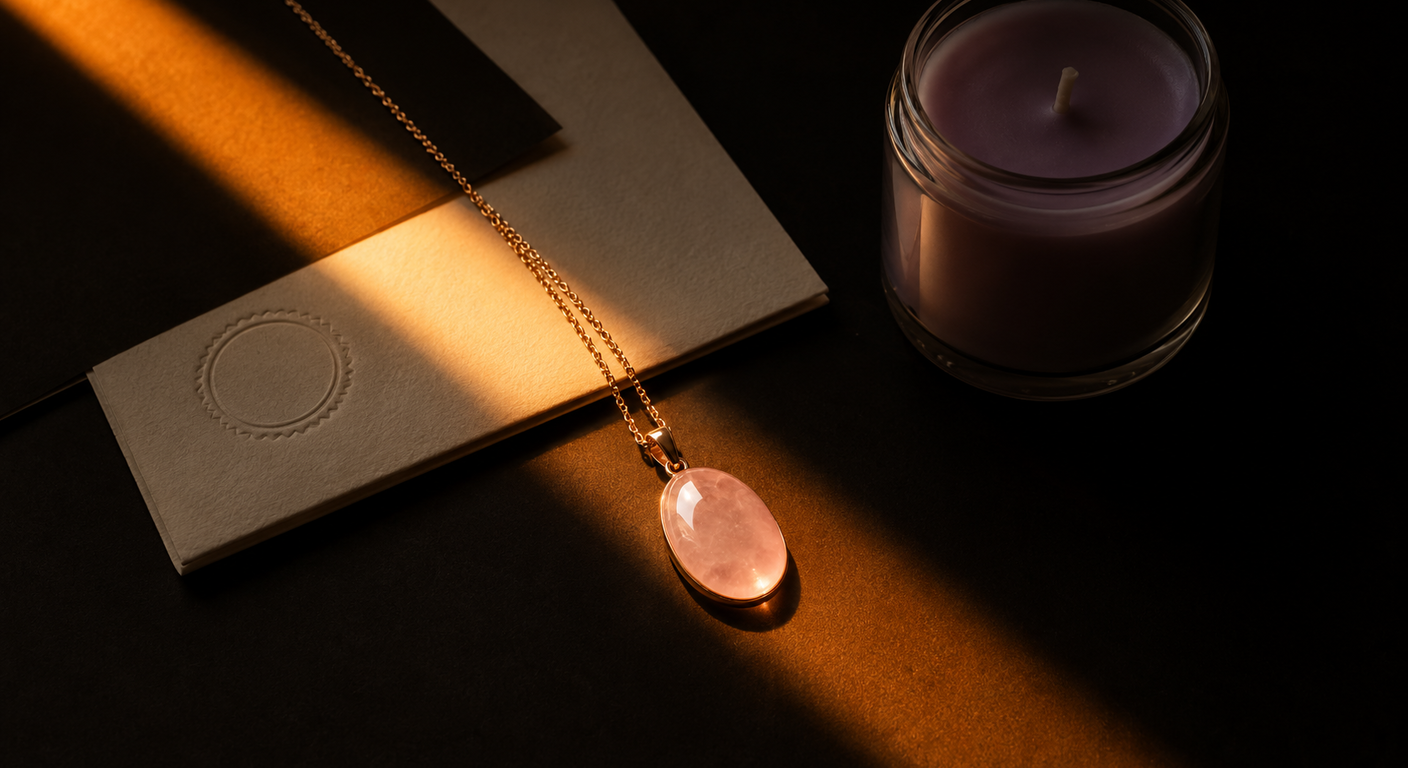 Rose quartz pendant on a fine chain and an unlit lavender candle on a near-black surface, lying across a folded sheet of official printed paper with a plain embossed seal, lit by one hard orange shaft of light