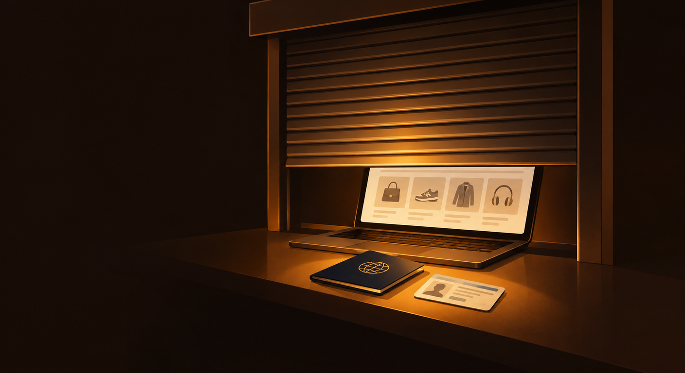 Editorial illustration of a shopfront shutter half-drawn over a laptop showing an online shop listing grid, with a passport and an identity card lying on the counter beneath it under an amber spotlight