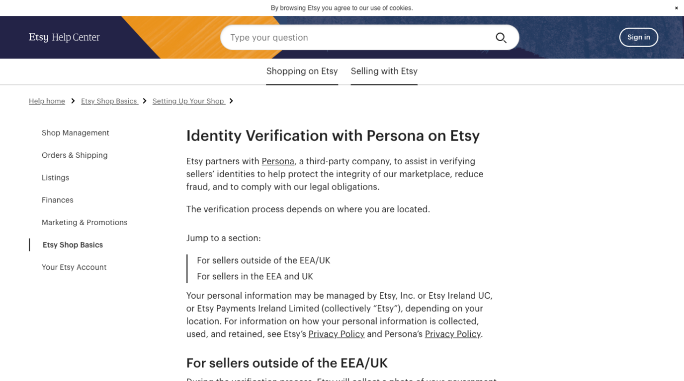 Etsy Help Center page titled Identity Verification with Persona on Etsy, explaining that Etsy partners with Persona to verify seller identities and that the process differs for sellers inside and outside the EEA and UK, and that Etsy collects a photo of your government ID and a selfie