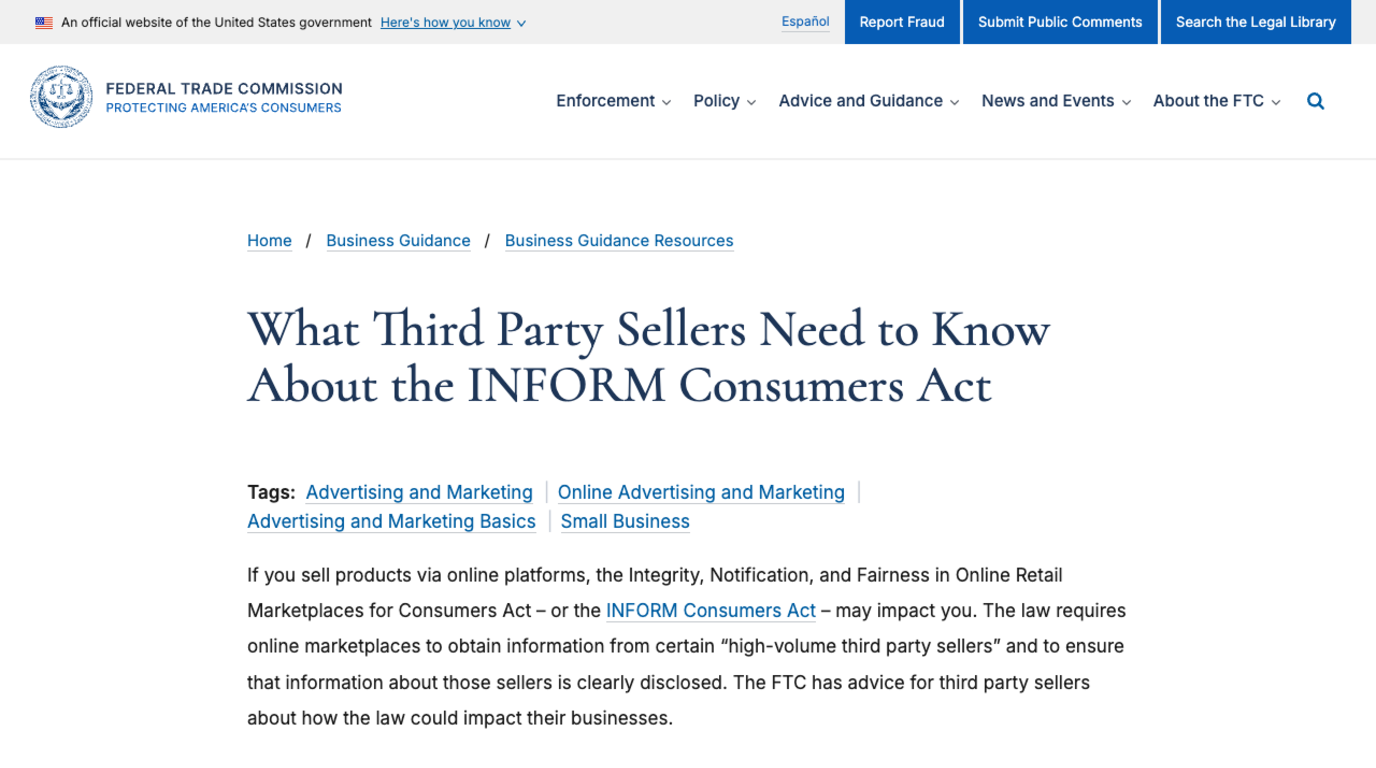 Federal Trade Commission business guidance page titled What Third Party Sellers Need to Know About the INFORM Consumers Act, explaining that the law requires online marketplaces to obtain information from certain high-volume third party sellers and disclose it