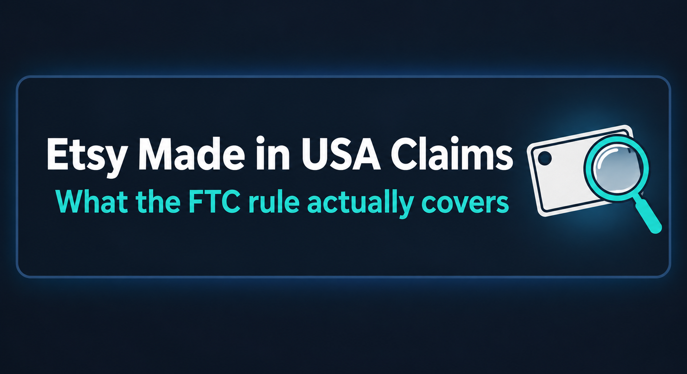 Title card reading Etsy Made in USA Claims with the line What the FTC rule actually covers, beside a plain product-label outline with a magnifying glass held over one corner of it