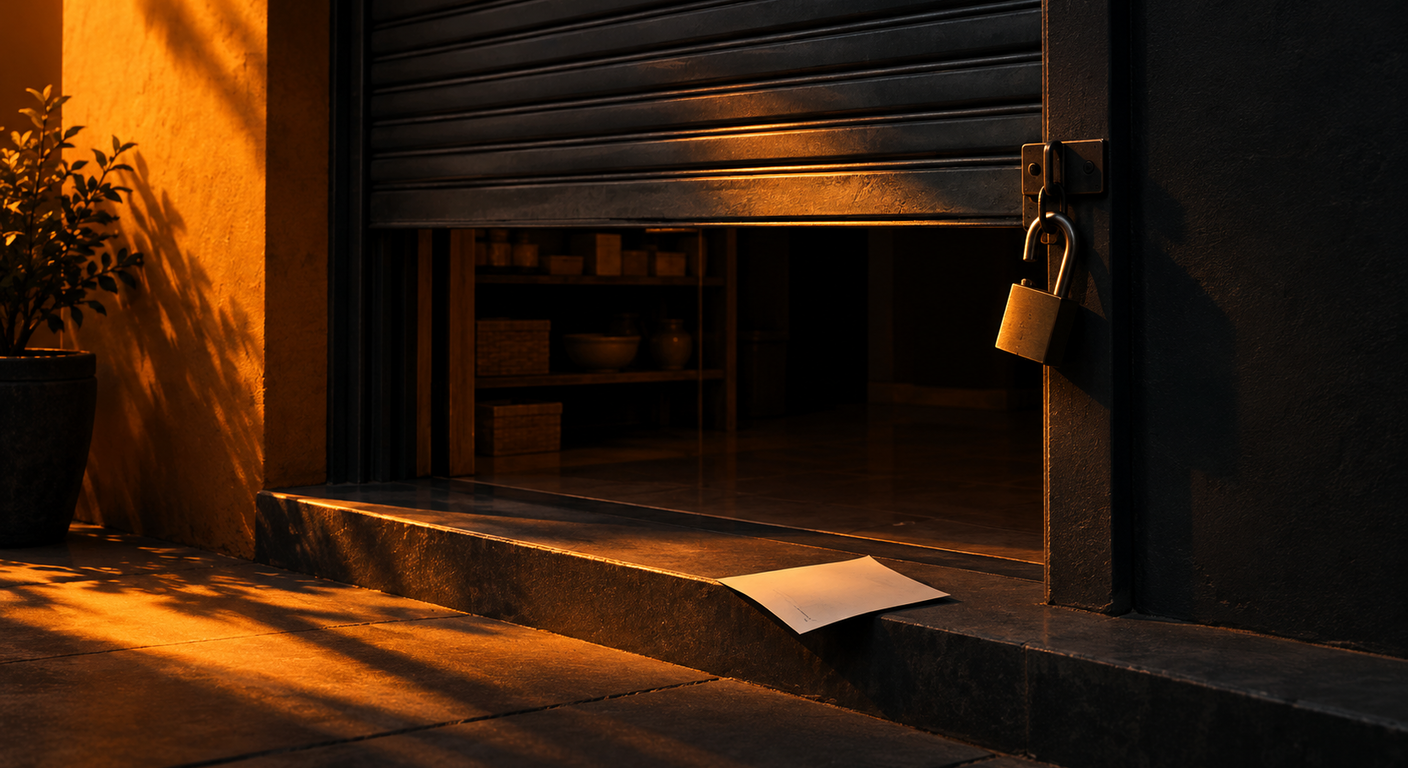An artisan shopfront door in warm low sunlight with its shutter half lowered and a heavy padlock hanging open on the latch, a single sheet of paper lying face down on the stone step in front of it